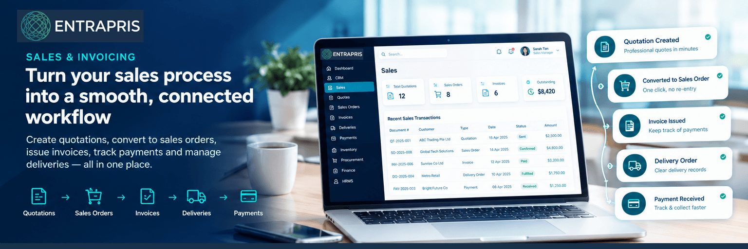 Connected sales workflow from quotation to sales order, delivery, invoice and payment
