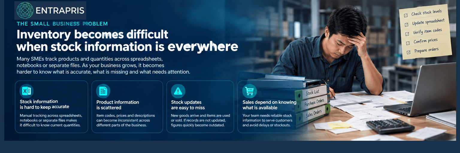 Small business managing products and stock quantities instead of relying on scattered manual inventory records