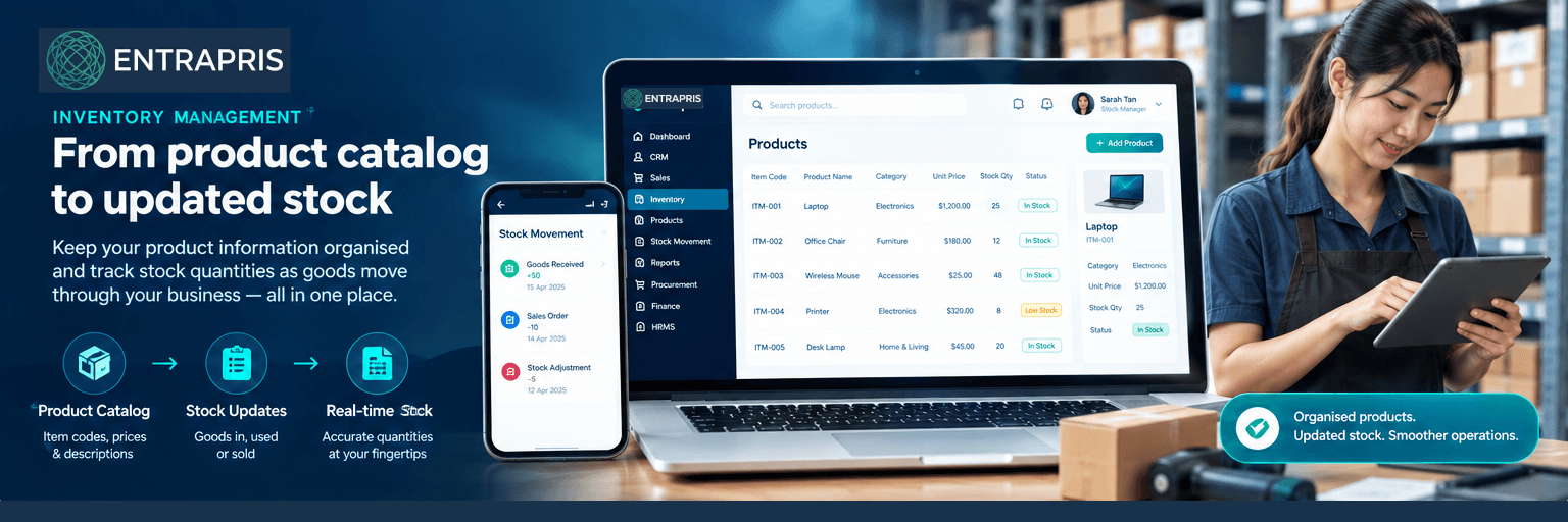 Connected inventory workflow from product catalog to stock updates and clearer inventory visibility