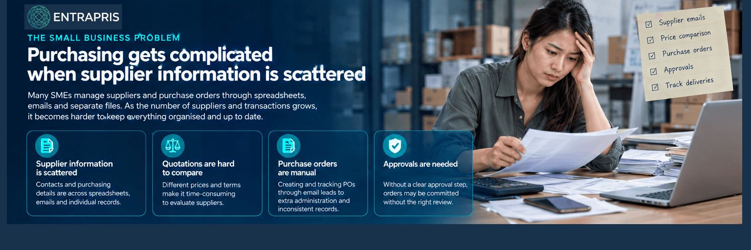 Small business procurement team managing suppliers, comparing quotations and purchase orders