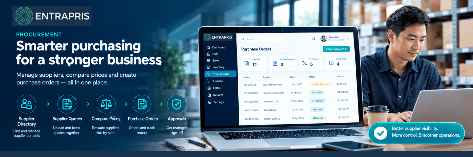 Entrapris procurement workflow showing supplier quotes, price comparison, purchase orders and approval
